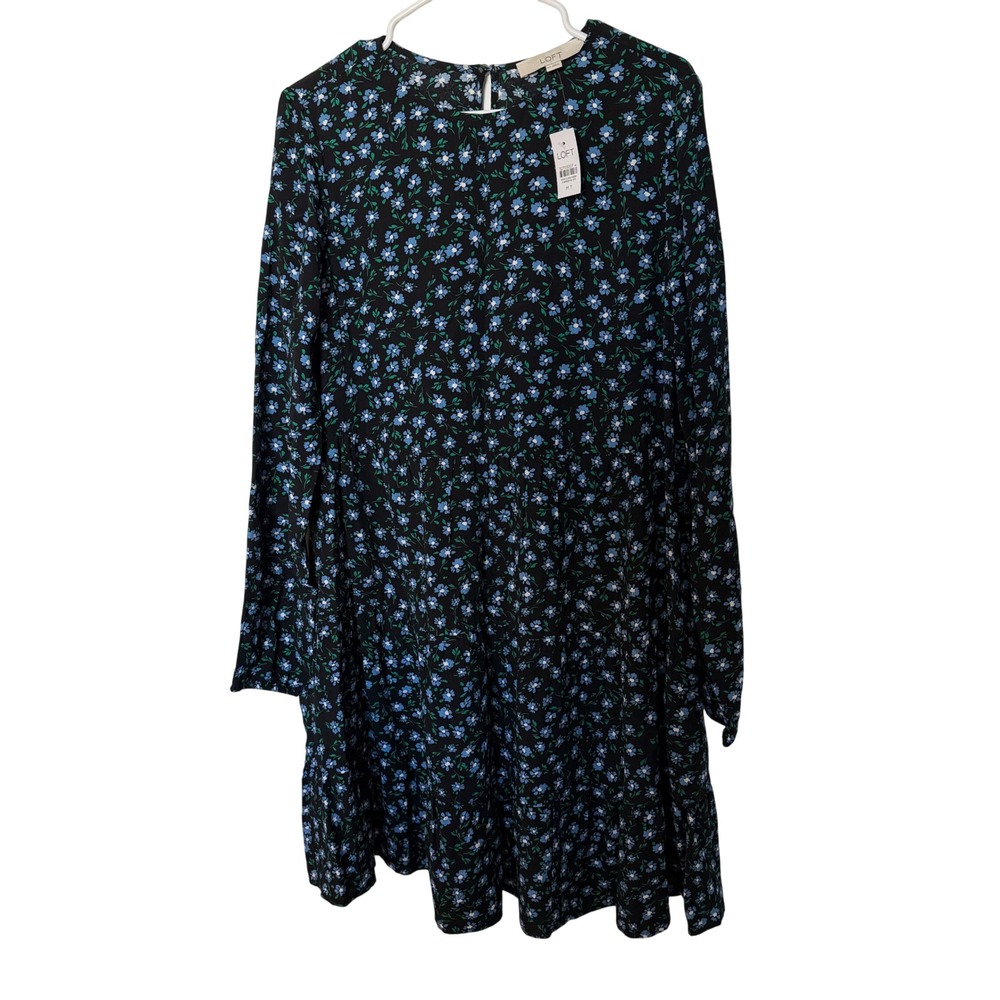 NWT LOFT Blue Floral Tiered Long Sleeve Swing Mini Dress Black MT S/586220